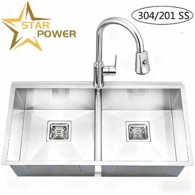качество  STAR POWER Brushed 304 Stainless Steel Handmade Kitchen Sink with Double-Bowl Design and Pull-Out Faucet фабрика
