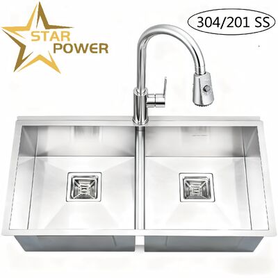Кухонная мойка STAR POWER Premium из нержавеющей стали 304 с двумя чашами и выдвижным смесителем для эффективной работы на кухне
