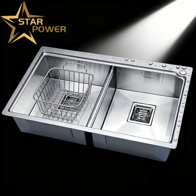 Кухонная мойка STAR POWER Premium из нержавеющей стали 304 с двумя чашами и выдвижным смесителем для эффективной работы на кухне