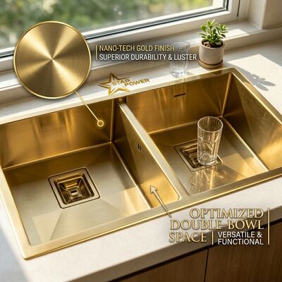 Хорошая цена Gold-Toned Food-Grade 304 Stainless Steel Main Auxiliary Bowl Kitchen Sink Flush-Mount 900mm 250mm Deep Basin онлайн