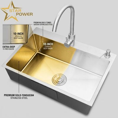Хорошая цена Flush Mount / Inset Kitchen Sink SUS304 Stainless Steel Main & Auxiliary Bowl Kitchen Sink Gold-Toned Flush-Mount 700mm 10-Inch Extra-Deep Basin | Custom Basin Depth Available | Custom Steel Gauge Available онлайн
